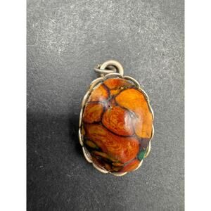 Vintage Signed 925 Sterling Silver Orange Turquoise Oval Pendant 7.1mm